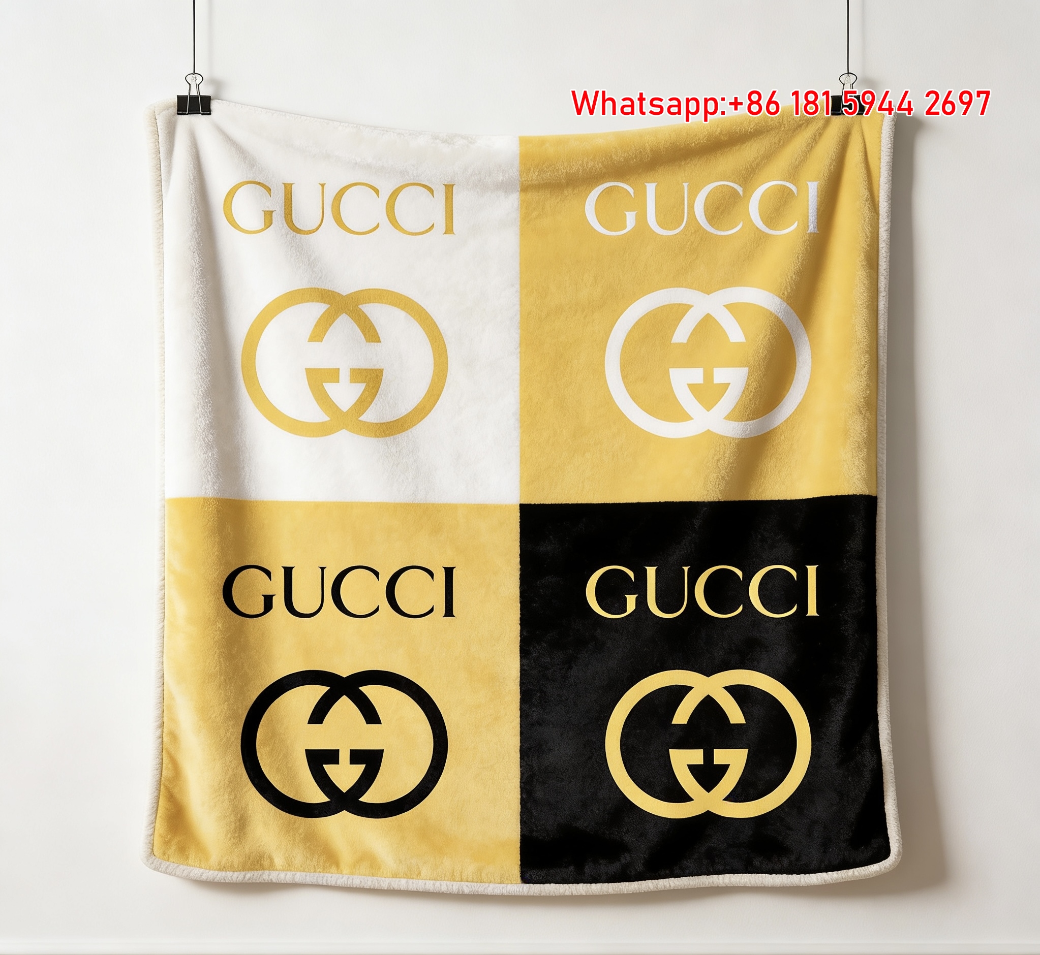 Four Panel GG Logo Flannel Fleece Blanket – Black Yellow Wall Decor Gucci throw blanket IMG_2551